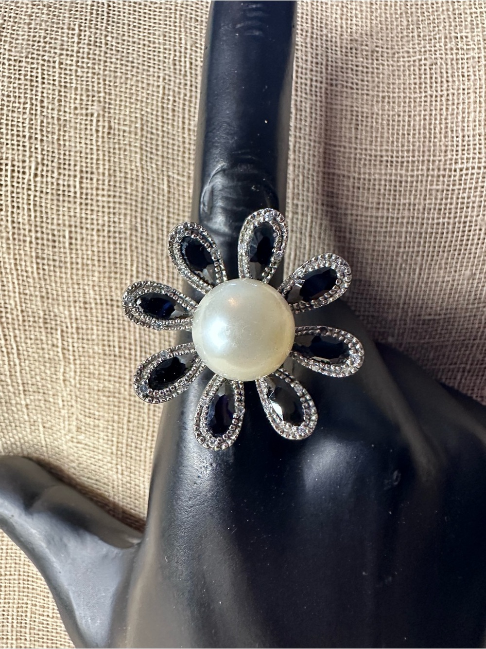 Sterling Pearl Sapphire Flower Statement Ring 925